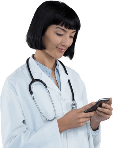 Transparent Young Doctor Using Smartphone Smiling