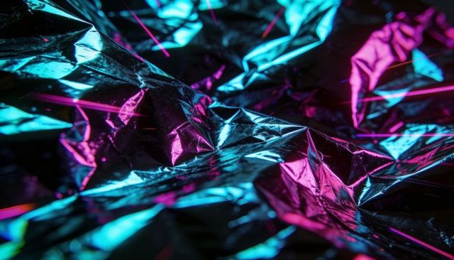 Crumpled mylar foil macro neon cyan and magenta reflective abstract
