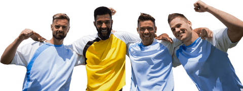 Transparent Cheerful Multiracial Soccer Players Embracing in Celebration