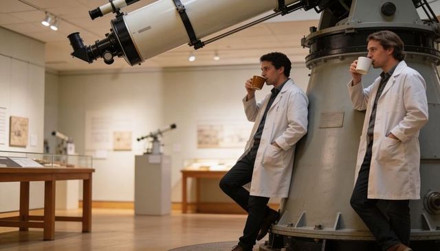 Researchers taking coffee break beside vintage refractor telescope pier at museum observatory