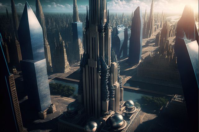 Depicting an advanced futuristic cityscape featuring tall modern skyscrapers and innovative architectural designs. The detail in the high-rise buildings and the overall layout suggests advanced city planning and technological innovation. Ideal for use in science fiction themes, future city planning concepts, advanced technology promotions, and urban development projects.