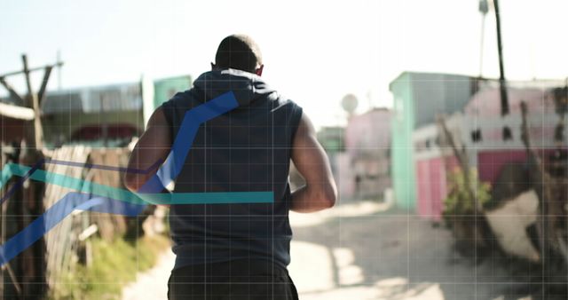 Man jogging on an urban path early in the morning, with graph overlay representing data analysis. Ideal for health and fitness promotions, data-driven athletic studies, urban fitness lifestyle, or economic and fitness analytics.