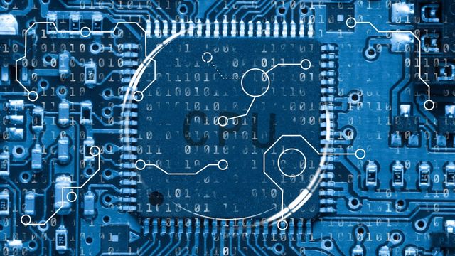 Visually striking composition featuring CPU concept with binary code overlaying circuit blueboard. Highly relevant for illustrating technology advances, hardware design, or digital data concepts. Ideal use in educational materials, tech articles, or presentations focused on electronics and computing.