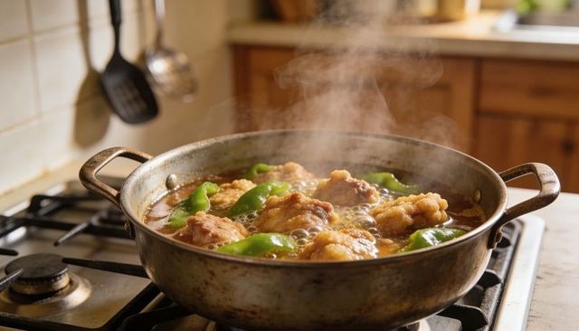 Sizzling breaded chicken simmering in rich brown sauce with green peppers in home skillet