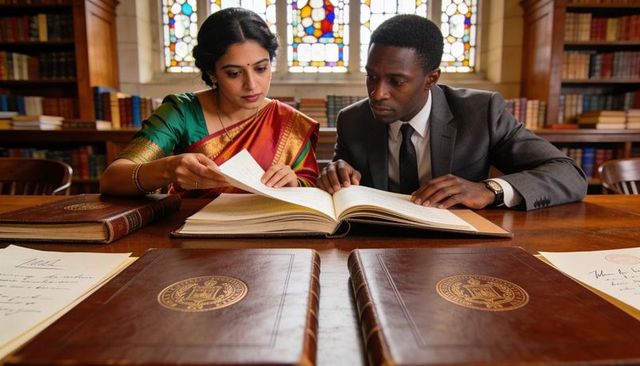 Indian woman in sari consulting archival ledger with colleague in wood-paneled library