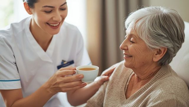 Caring nurse offering tea to elderly woman demonstrating compassion