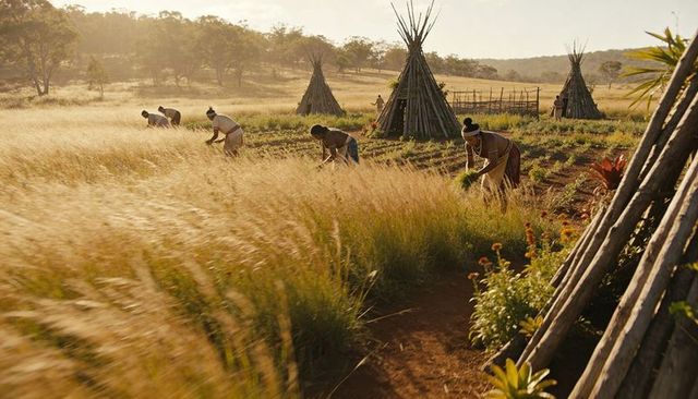 Women harvesting golden grasses in rural field with conical haystacks at golden hour