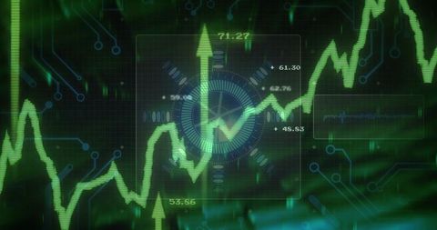 Futuristic financial dashboard showing neon green stock chart rising with radial gauge