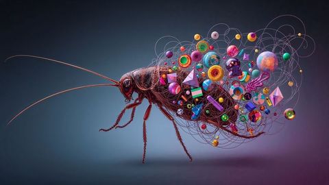 Surreal cockroach insect with colorful abstract shapes, fantasy biomorphic design