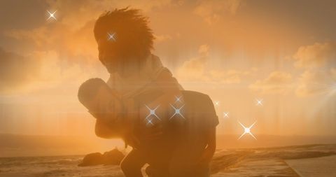 Joyful couple piggyback ride at sunset beach with sparkling stars