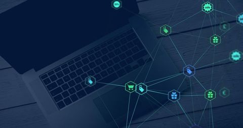 Futuristic digital network on laptop display
