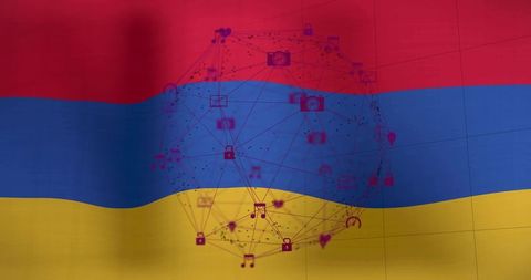 Translucent digital network sphere over wrinkled red-blue-yellow tricolor fabric background