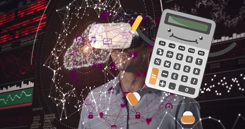 Caucasian Man Using VR Headset with Data Visualization and Calculator Overlay
