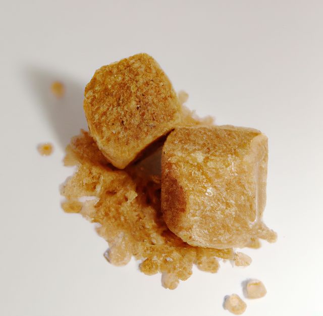 Close up of brown sugar on white background created using generative ai technology. Food, flavour and nutrition concept, digitally generated image.