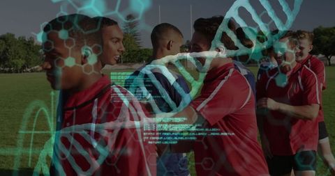 Young male soccer players bonding during match with futuristic dna overlay