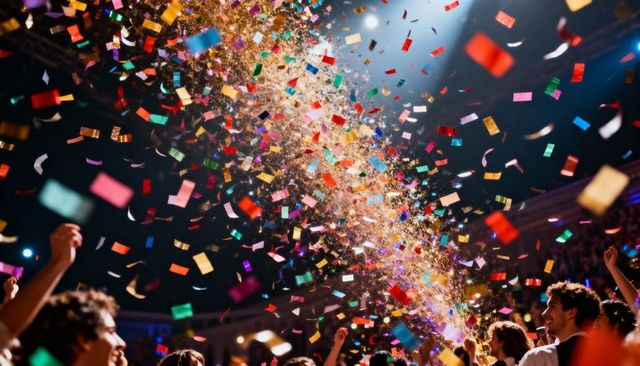 Colorful confetti shower over cheering crowd with arms raised under bright spotlights at concert