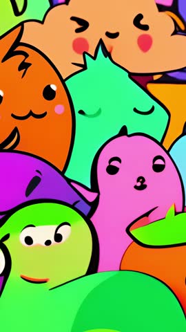 Vertical clip featuring pastel fruit characters mingling in playful colorful collage