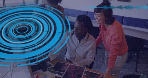 Creative Team Collaborating in Modern Office with Digital Overlay