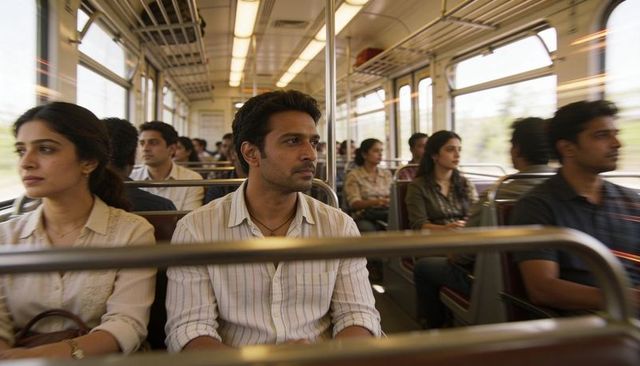 South asian commuter gazing through window on moving train during urban morning commute