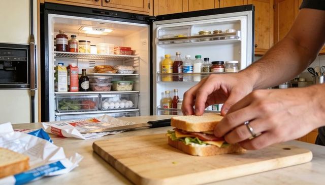 Hands assembling deli sandwich on cutting board with open fridge in cozy home kitchen