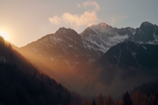 Peaceful mountainous landscape with snow-covered peaks and warm sunset glow. Perfect for backgrounds, nature-themed websites, travel blogs, environmental campaigns, and meditation visuals.