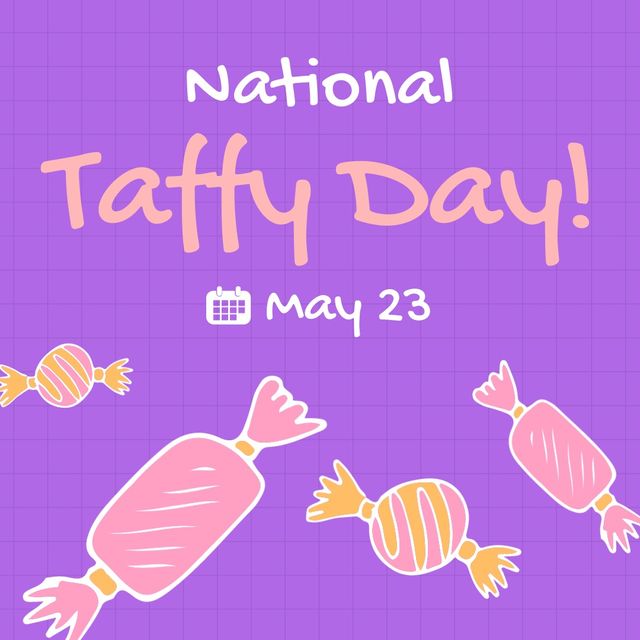 This vibrant banner is ideal for promoting National Taffy Day celebrations. The whimsical illustration of various candies on a purple background makes it perfect for social media posts, event invitations, or promotional materials related to candy stores or sweet treats.