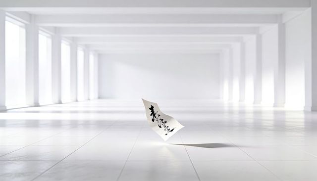 Floating calligraphy sheet hovering over minimal white tiled hall with dramatic shadow