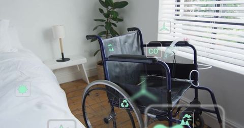 Manual wheelchair in well-lit bedroom with eco-friendly digital icons