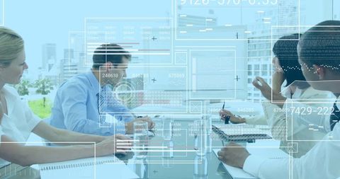 Business Team Analyzing Data with Digital Overlay in Modern Meeting