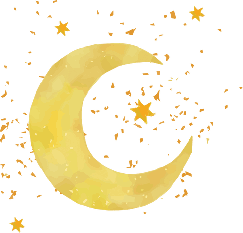 Whimsical watercolor crescent moon with stars on transparent background
