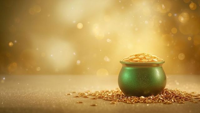 Emerald cauldron overflowing with gold coins on glittering golden bokeh background