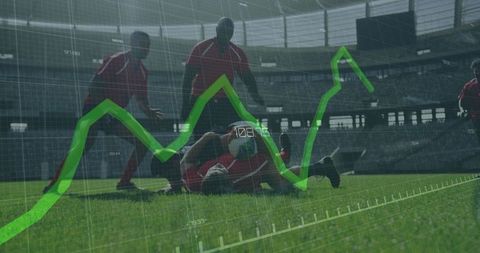 Soccer players competing with green data graph overlay