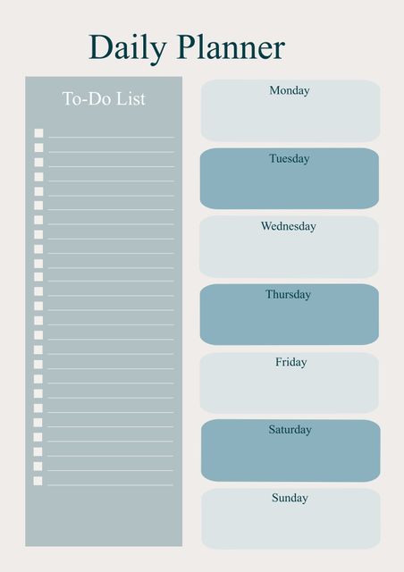 This minimalist daily planner template features sections for a to-do list and a weekly schedule from Monday to Sunday. Ideal for personal or professional use, it helps organize tasks and manage time effectively. Useful for students, professionals, and anyone looking to boost productivity. Can be printed or used digitally.