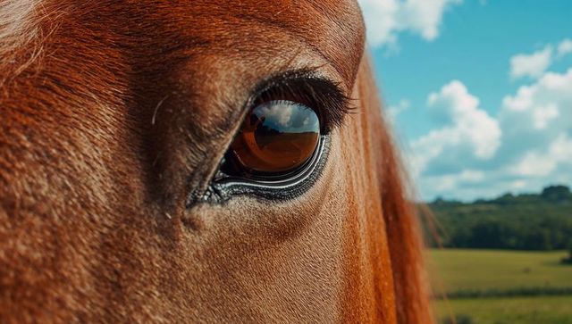 Close-up of horse eye reflecting countryside scenery