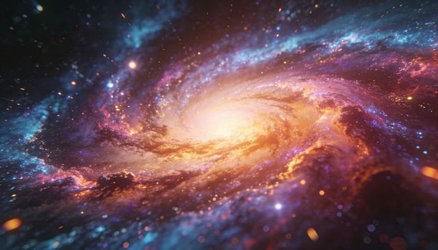 Luminous spiral galaxy with radiant nucleus and colorful nebula swirls