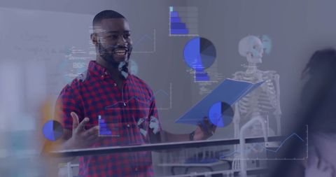 Teacher Analyzing Data with Augmented Reality in Classroom