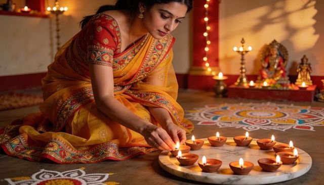 Indian woman in yellow saree lighting clay diyas on marble platter with rangoli for diwali celebrati