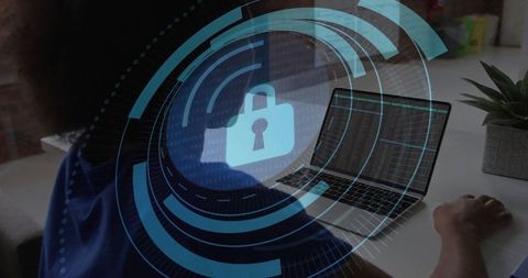 Cybersecurity professional coding with digital lock overlay