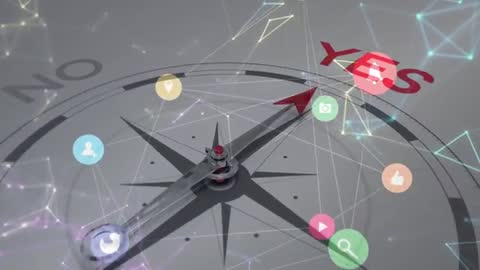 Digital Compass with Icons Navigating Toward Positive Decision