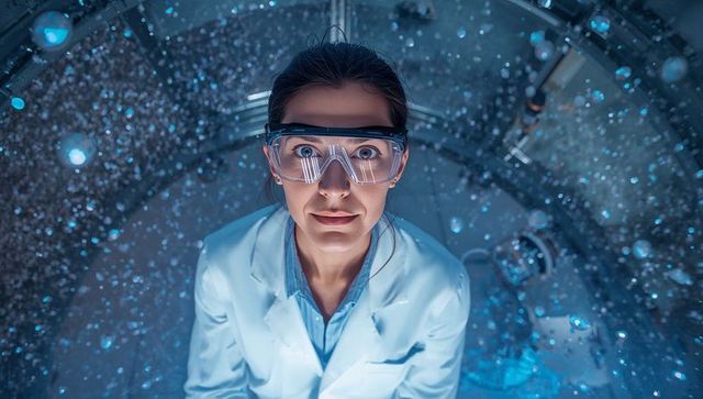 Female scientist monitoring suspended particles in circular containment chamber