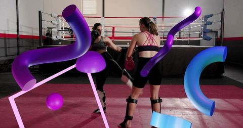 Women sparring in kickboxing match inside gym ring with colorful 3d abstract shapes overlay