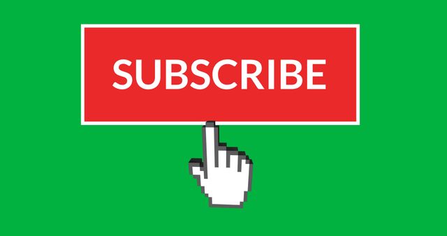 Illustration features pixelated hand cursor pointing towards subscribe button on contrasting green background. Effective for web design, social media promotions, user interface or as call-to-action graphic urging subscription on websites and digital platforms.