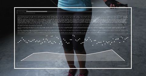 Midadult woman jumping rope with futuristic hud fitness overlay on gym floor
