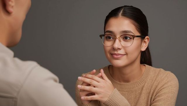 Teen girl listening attentively in conversation wearing glasses and cozy tan sweater