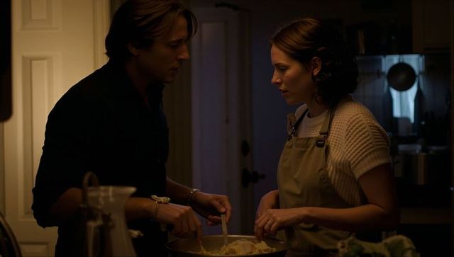 Couple stirring dinner together in cozy dim kitchen at night romantic cooking moment