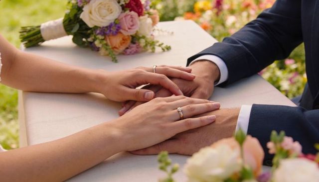 Intimate bride and groom hands holding wedding rings on light table amid pastel bouquet