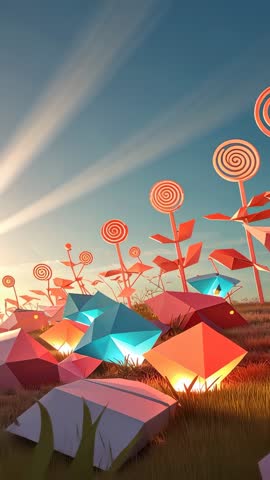 Vertical video panning across fantasy meadow with glowing crystals and lollipop flowers