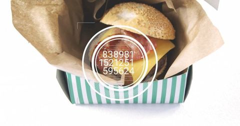 Gourmet Hamburger in Striped Takeout Box with Numeric Overlay
