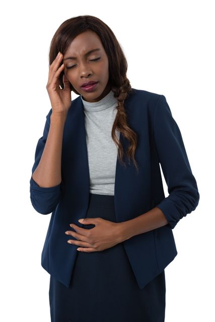Businesswoman in professional attire experiencing headache and stomach ache, indicating stress or health issues. Useful for illustrating workplace stress, health problems, or medical conditions in a corporate environment.