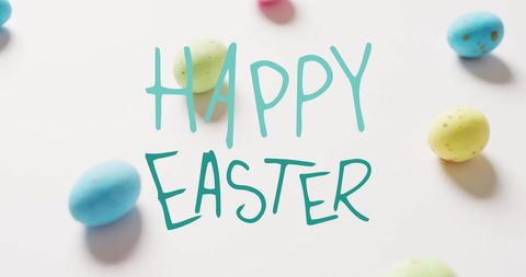 Happy Easter Text with Colorful Eggs on White Background